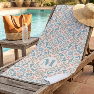 Earthy Arabesque Watercolor Mosaic Custom Letter Beach Towel
