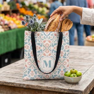 Earthy Arabesque Watercolor Mosaic Custom Letter Tote Bag