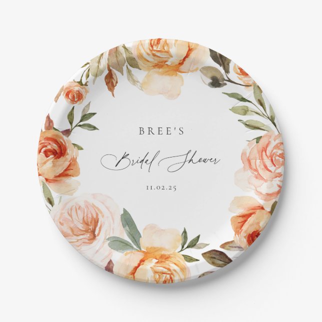 Earthy Autumn Floral Bridal Shower Paper Plates (Front)