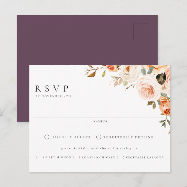 Earthy Autumn Floral Meal Choice Wedding RSVP Postcard (Front/Back)