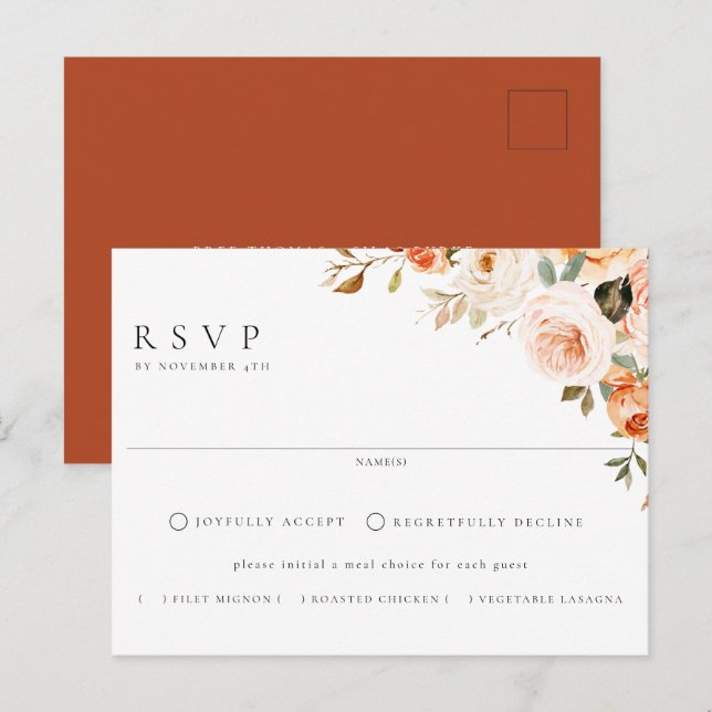 Earthy Autumn Floral Meal Choice Wedding RSVP Postcard (Front/Back)