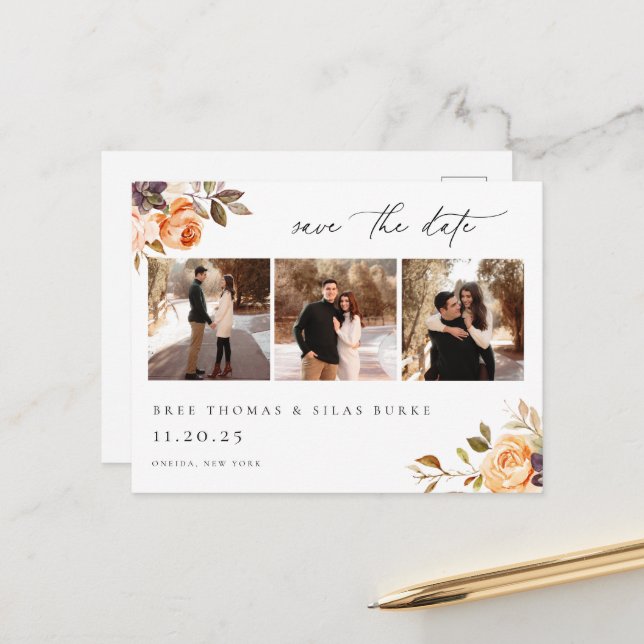 Earthy Autumn Floral Photo Save The Date Postcard (Front/Back In Situ)