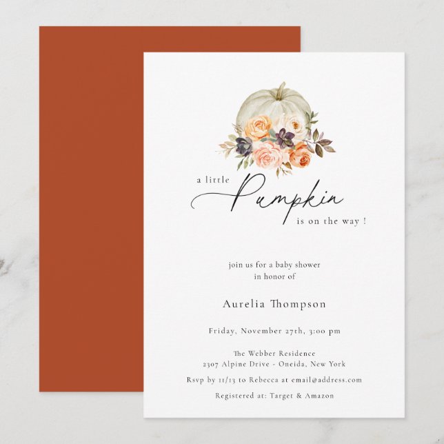 Earthy Autumn Floral Pumpkin Baby Shower Invitation (Front/Back)