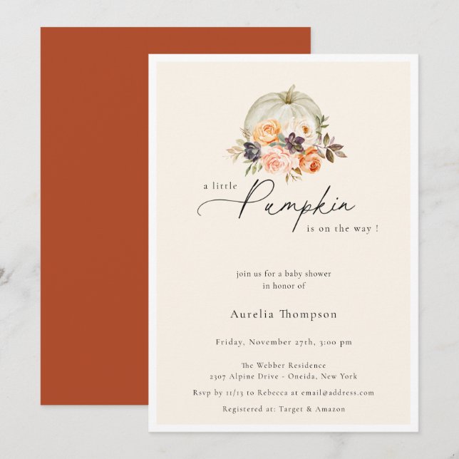 Earthy Autumn Floral Pumpkin Baby Shower Invitation (Front/Back)