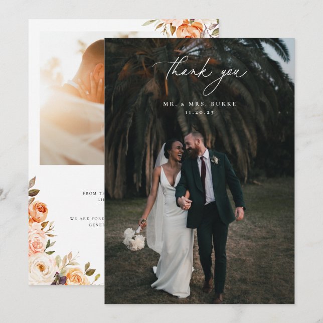 Earthy Autumn Floral Wedding Photo Thank You Card (Front/Back)