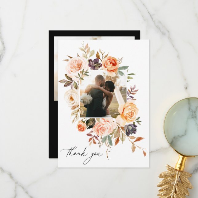 Earthy Autumn Floral Wedding Photo Thank You Card (Front/Back In Situ)