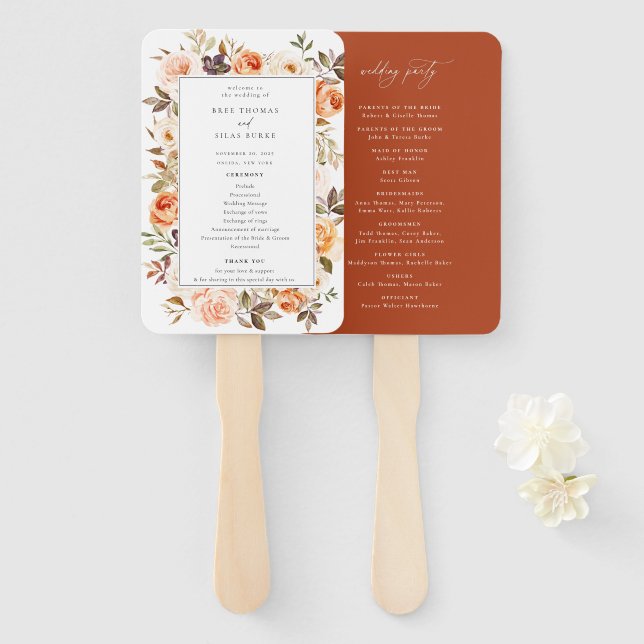 Earthy Autumn Floral Wedding Program Hand Fan (Front and Back)