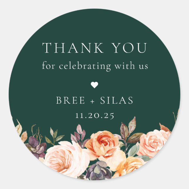 Earthy Autumn Floral Wedding Thank You Classic Round Sticker (Front)
