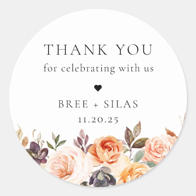 Earthy Autumn Floral Wedding Thank You Classic Round Sticker (Front)