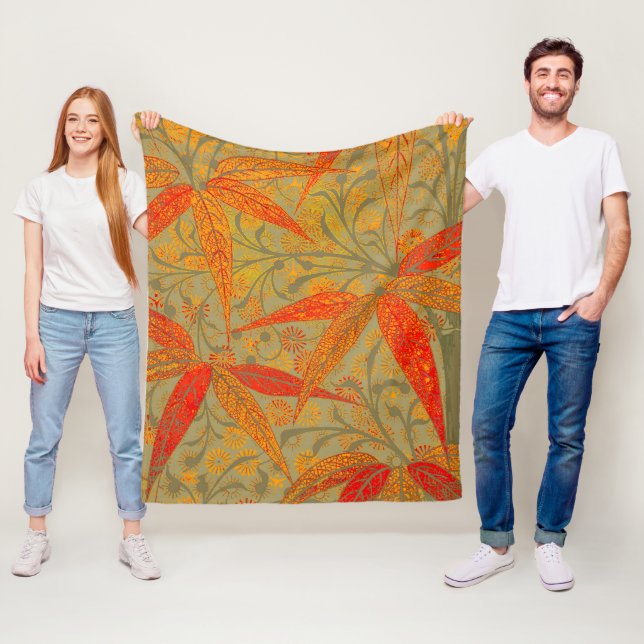 Earthy Bamboo Art Vintage Print Orange  Fleece Blanket (In Situ)