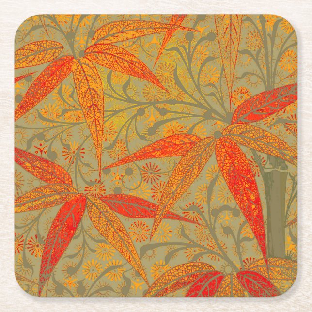 Earthy Bamboo Art Vintage Print Orange  Square Paper Coaster (Front)