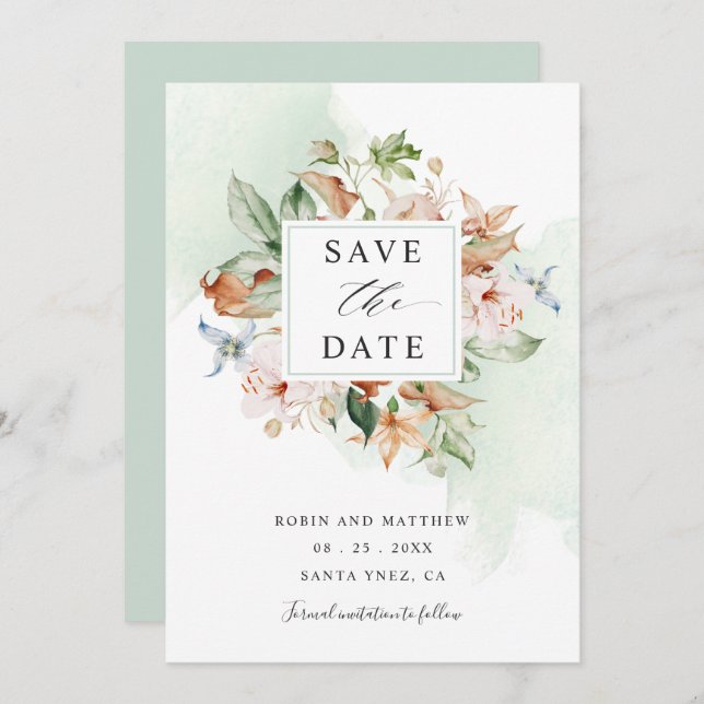 Earthy Blooms and Sage Green Floral Wedding Save T Save The Date (Front/Back)