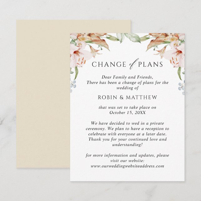 Earthy Blooms Beige Change of Plans Wedding Announcement (Front/Back)