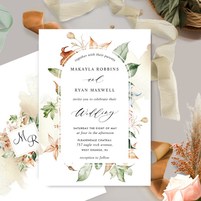Earthy Blooms Beige Stains, Elegant Arch Wedding I Invitation (Creator Uploaded)