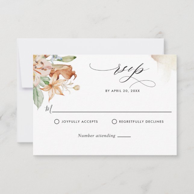 Earthy Blooms, Beige Watercolor Stains, Wedding RS RSVP Card (Front)