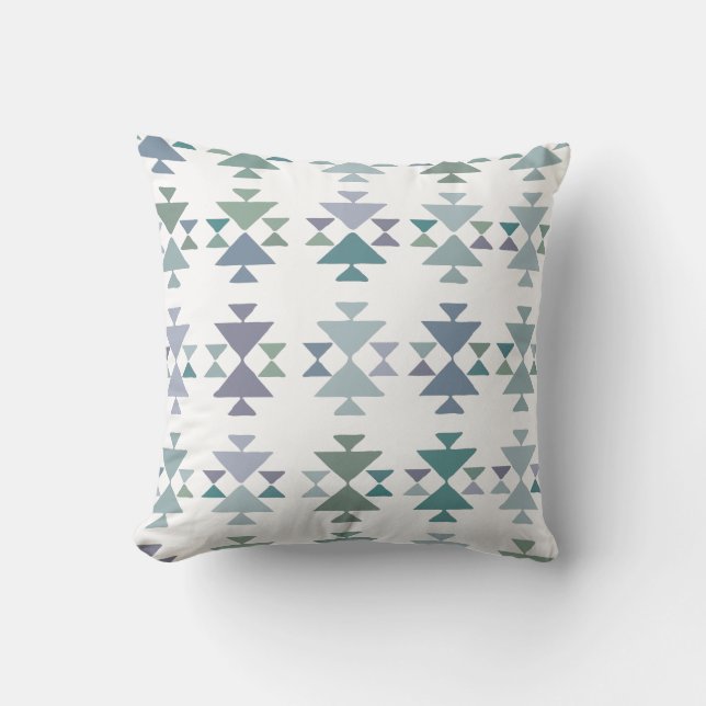 Earthy Blue Green Geometric Triangle Aztec Pattern Cushion (Front)