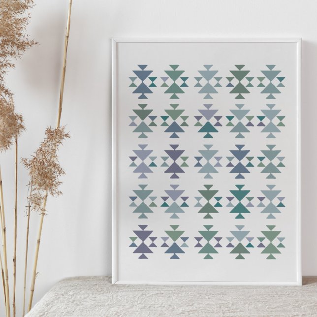 Earthy Blue Green Geometric Triangle Aztec Pattern Poster (Creator Uploaded)