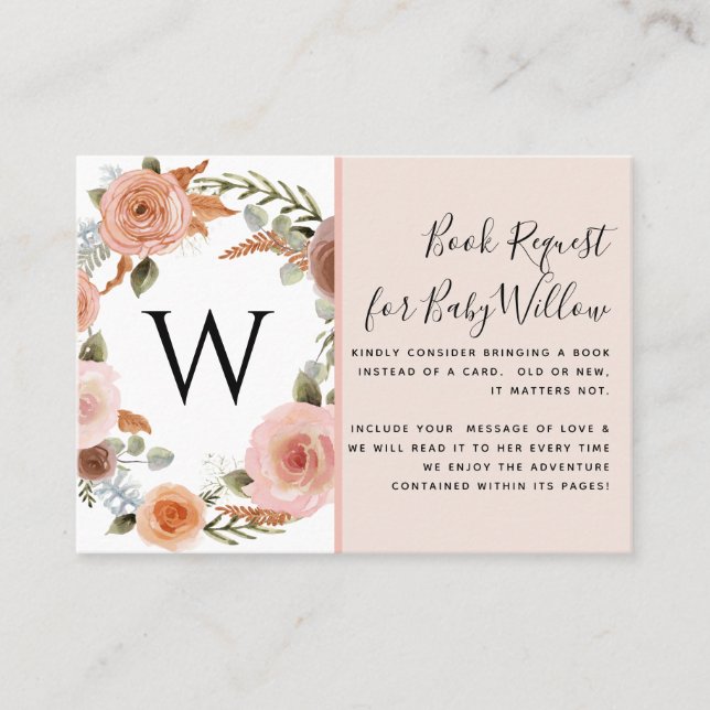 Earthy Blush Pink Peach Floral Baby Shower Books Business Card (Front)