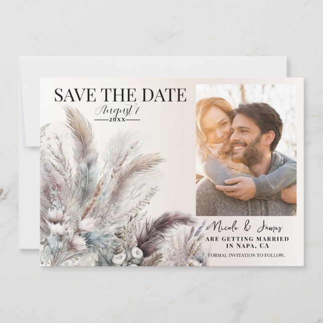 Earthy Bohemian Floral Feathers Save the Date Invitation (Front)