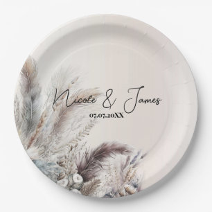 Earthy Bohemian Floral Feathers Wedding Paper Plate