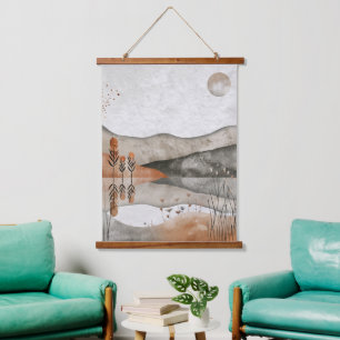 Earthy Bohemian Lake Terracotta Moon Landscape Hanging Tapestry