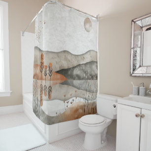 Earthy Bohemian Lake Terracotta Moon Landscape Shower Curtain