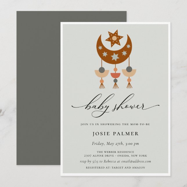 Earthy Bohemian Moon Mobile Baby Shower Invitation (Front/Back)
