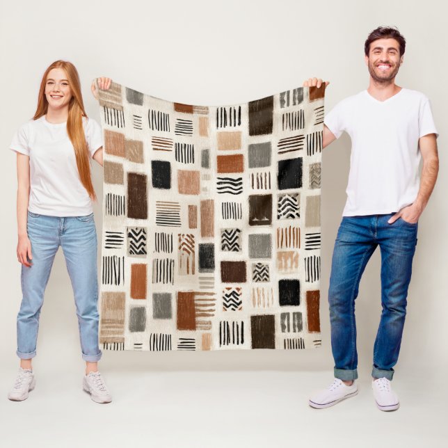 Earthy Boho Abstract Grid - Hand-Drawn Texture Fleece Blanket (In Situ)