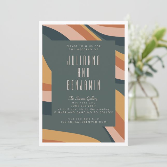 Earthy Boho Abstract Wavy Lines Terracotta Wedding Invitation (Standing Front)