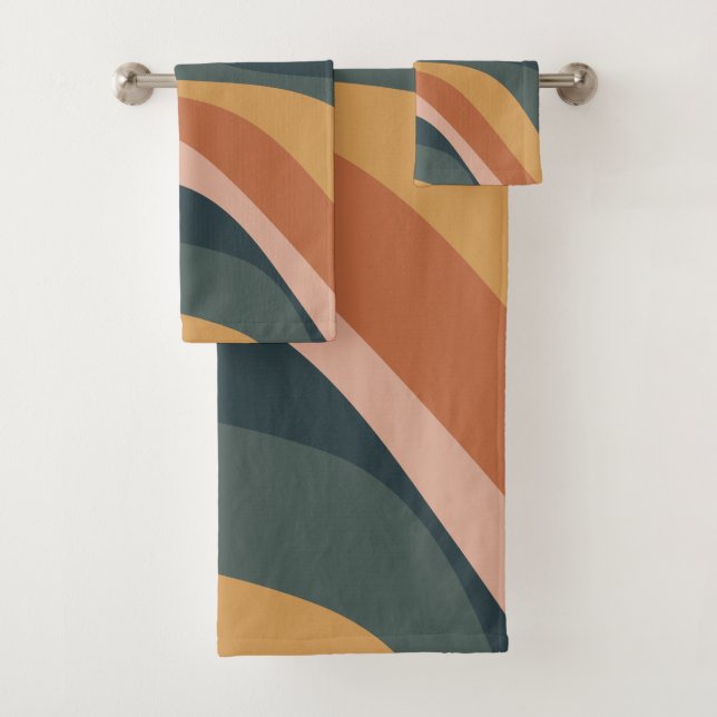 Earthy Boho Abstract Wavy Swirl Lines Terracotta   Bath Towel Set (Insitu)