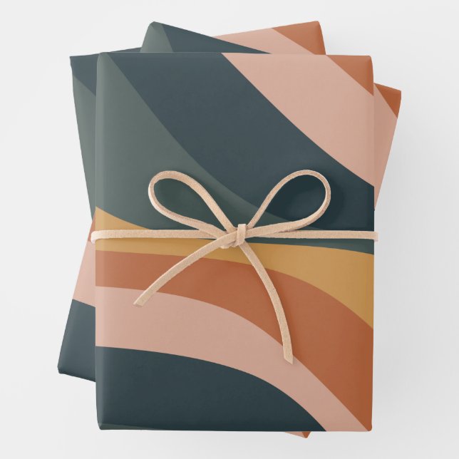Earthy Boho Abstract Wavy Swirl Lines Terracotta Wrapping Paper Sheet (In situ)