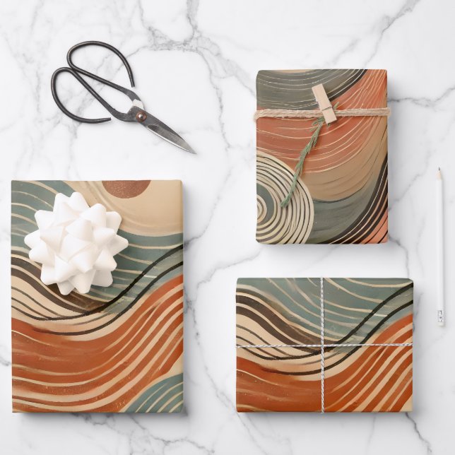 Earthy Boho Abstract Wavy Swirl Lines Wrapping Paper Sheet (Front)