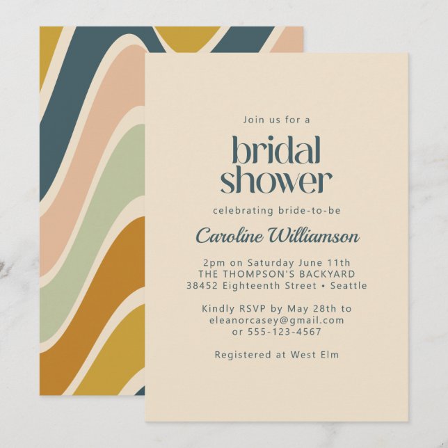Earthy Boho Abstract Wavy Teal Bridal Shower  Invitation (Front/Back)