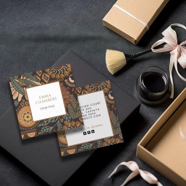 Earthy Boho Brown Black Square Business Card (Creator Uploaded)