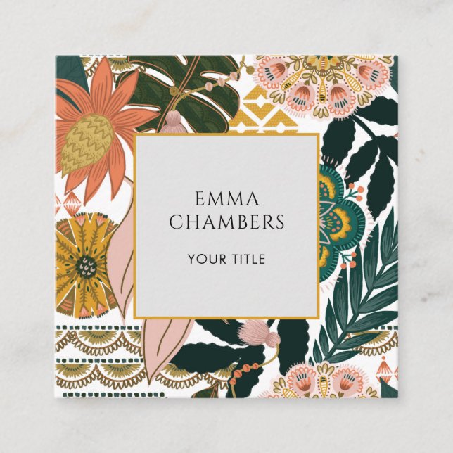Earthy Boho Brown Black Tropical Floral Square Business Card (Front)