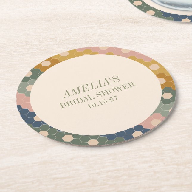 Earthy Boho Chic Vintage Custom Bridal Shower Round Paper Coaster (Angled)