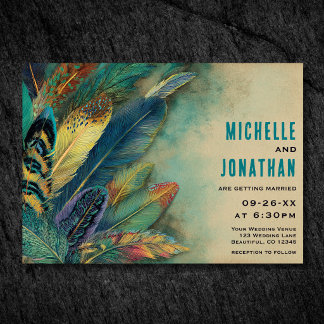 Earthy Boho Feathers | Turquoise Teal Wedding Invitation