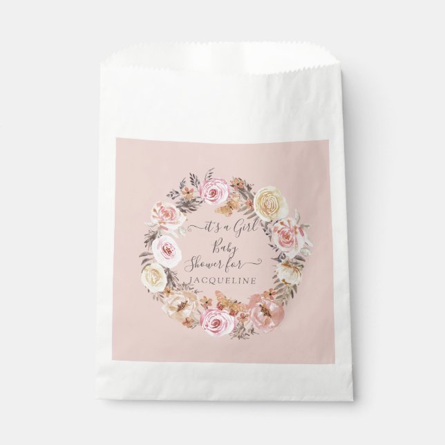 Earthy Boho Floral Blush Pink Baby Girl Shower Favour Bags (Front)