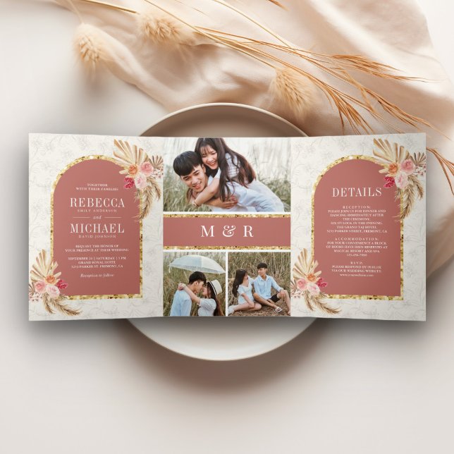 Earthy Boho Floral Pampas Cinnamon Rose Wedding Tri-Fold Invitation (Creator Uploaded)