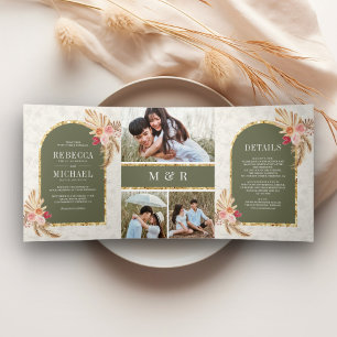 Earthy Boho Floral Pampas Sage Green Wedding Tri-Fold Invitation