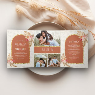 Earthy Boho Floral Pampas Terracotta Wedding Tri-Fold Invitation