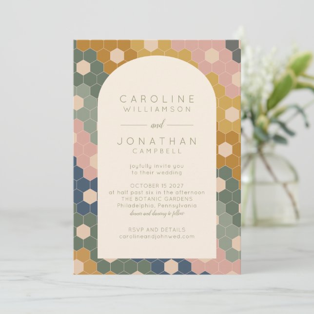 Earthy Boho Geometric Chic Modern Wedding Invitation (Standing Front)