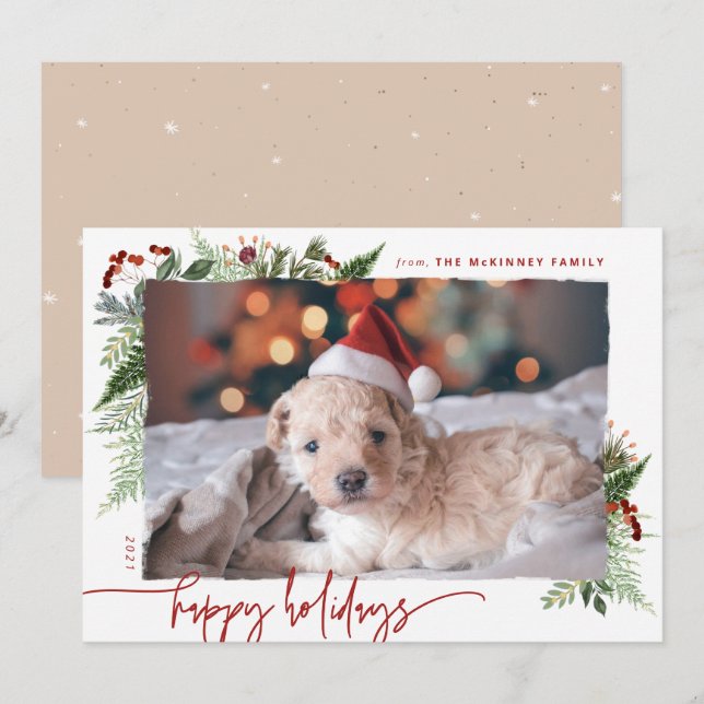 Earthy Boho Greenery Burgundy Beige Photo Holiday Card (Front/Back)