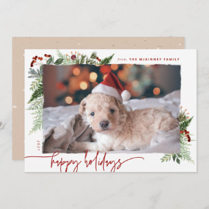 Earthy Boho Greenery Burgundy Beige Photo Holiday Card