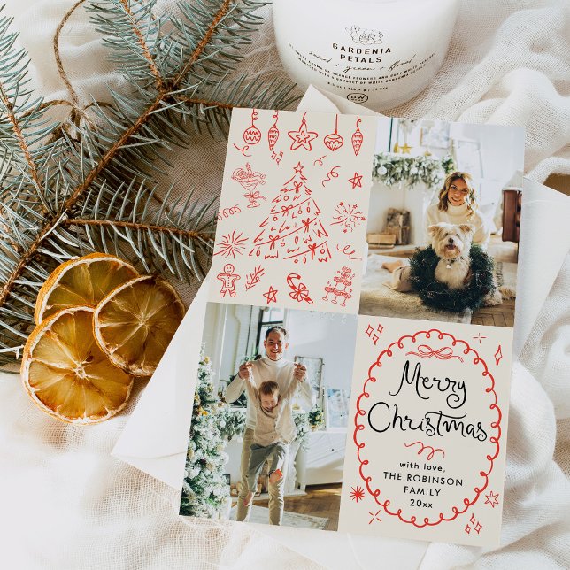 Earthy Boho Hand Drawn Merry Christmas 2 Photo Holiday Card (Creator Uploaded)