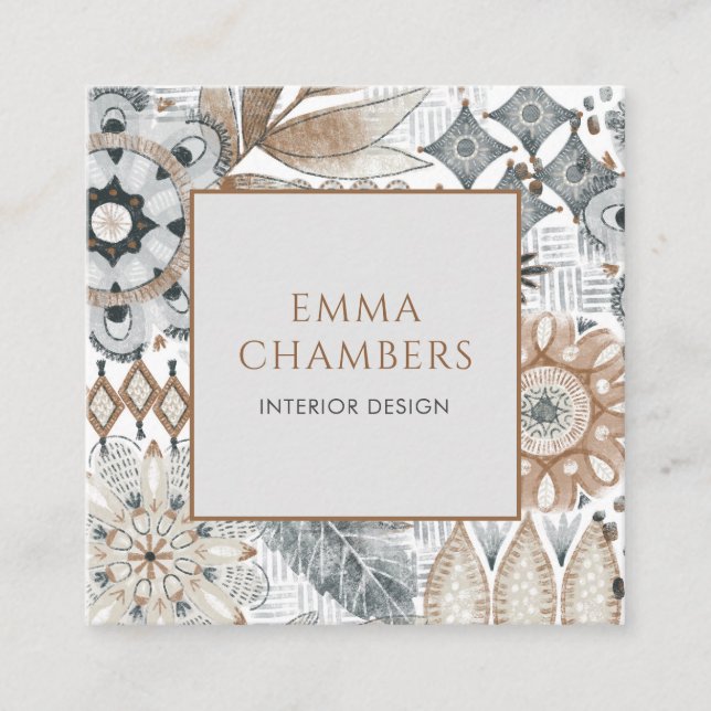 Earthy Boho Interior Designer Square Business Card (Front)