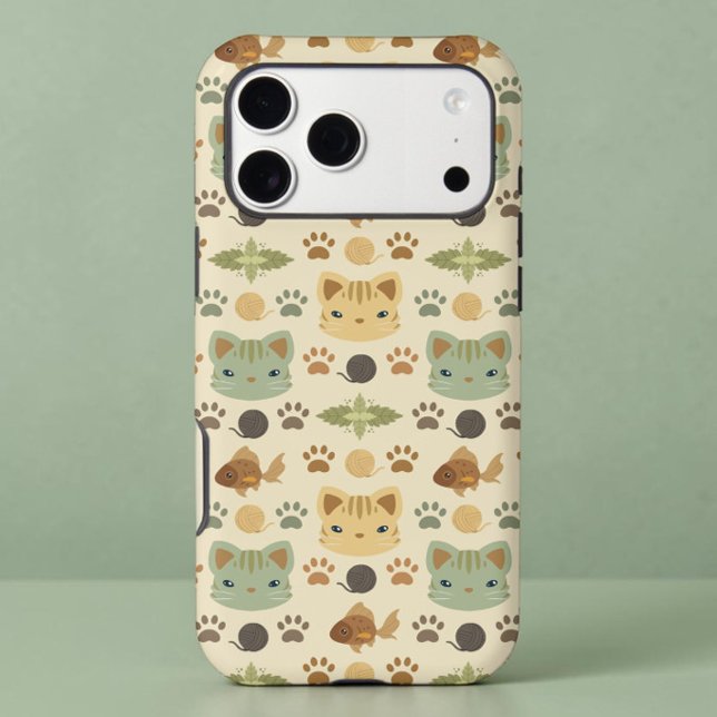 Earthy Boho Kitty Cat Beige Sage Green iPhone Case (Creator Uploaded)