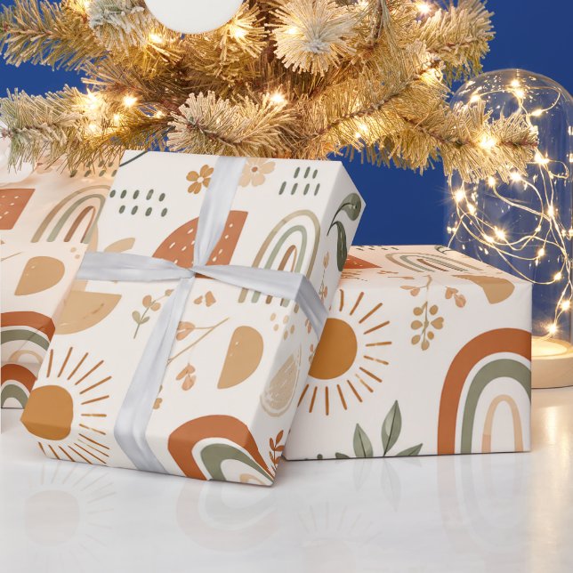 Earthy Boho Rainbow & Floral Wrapping Paper (Holidays)