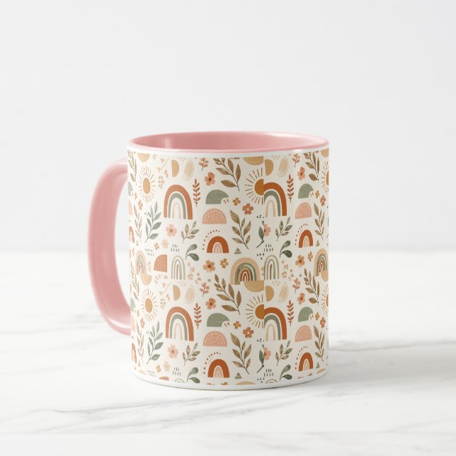 Earthy Boho Rainbow Sun Floral Ceramic Mug (Front Left)