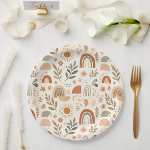 Earthy Boho Rainbow Sun Floral Paper Plate